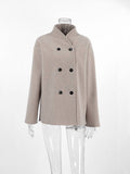 Aurohaya Elegant Brown Wool Double Breasted Coat with V Neck and High Collar for Women Vintage Casual Winter Jacket