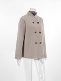 Aurohaya Elegant Brown Wool Double Breasted Coat with V Neck and High Collar for Women Vintage Casual Winter Jacket