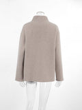 Aurohaya Elegant Brown Wool Double Breasted Coat with V Neck and High Collar for Women Vintage Casual Winter Jacket