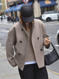 Aurohaya Elegant Brown Wool Double Breasted Coat with V Neck and High Collar for Women Vintage Casual Winter Jacket