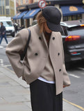 Aurohaya Elegant Brown Wool Double Breasted Coat with V Neck and High Collar for Women Vintage Casual Winter Jacket