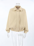 Aurohaya Elegant Oversized Wool Coat with Lapel Collar & Drop Shoulder for Women Casual Fall/Winter Outerwear