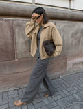Aurohaya Elegant Oversized Wool Coat with Lapel Collar & Drop Shoulder for Women Casual Fall/Winter Outerwear