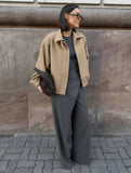 Aurohaya Elegant Oversized Wool Coat with Lapel Collar & Drop Shoulder for Women Casual Fall/Winter Outerwear