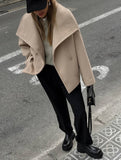 Aurohaya Elegant Double Breasted Wool Coat with Lapel Collar & Pockets for Women Casual Fall/Winter Outerwear