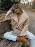 Aurohaya Elegant Double Breasted Wool Coat with Lapel Collar & Pockets for Women Casual Fall/Winter Outerwear