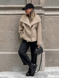 Aurohaya Elegant Double Breasted Wool Coat with Lapel Collar & Pockets for Women Casual Fall/Winter Outerwear
