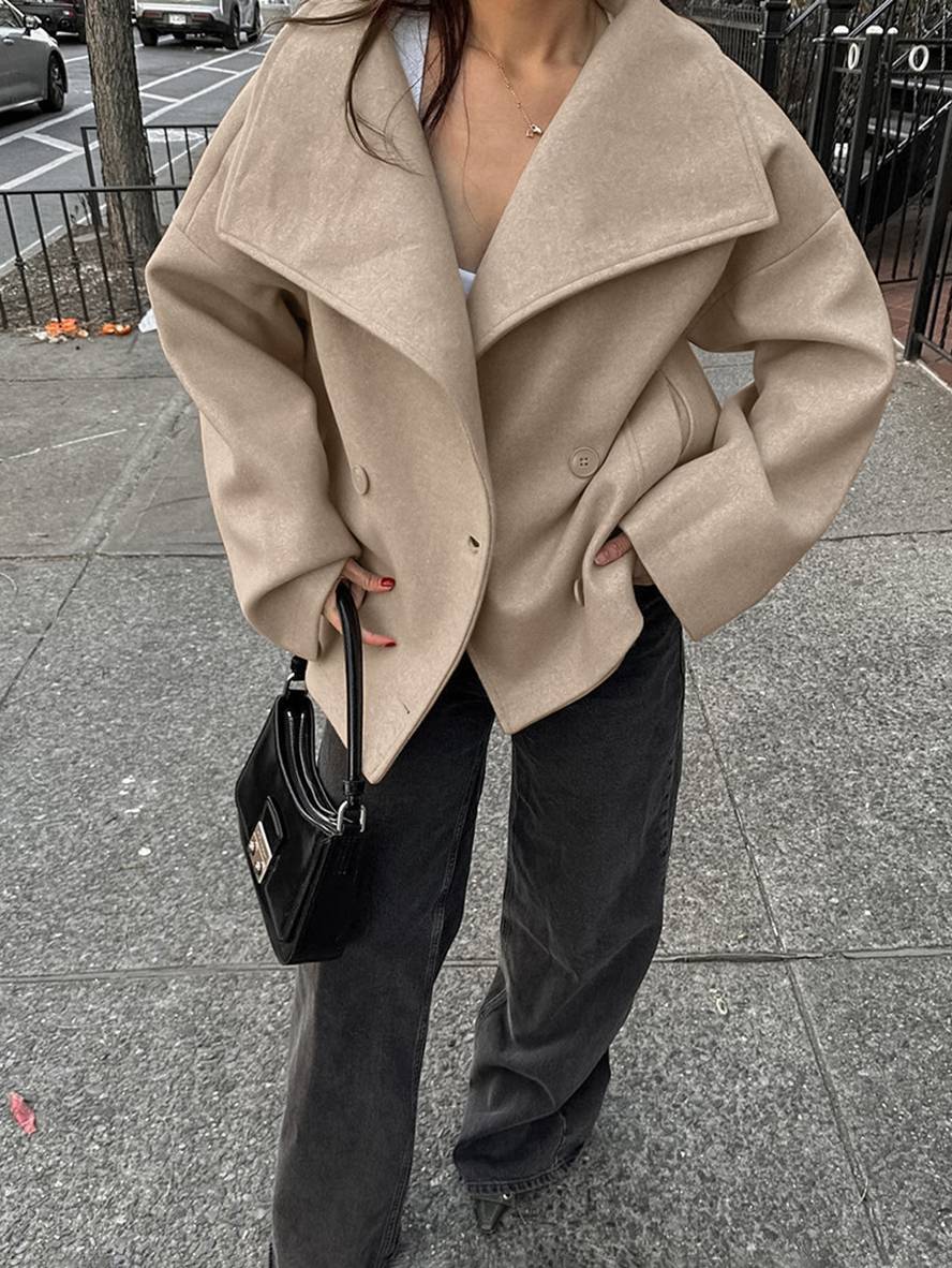 Aurohaya Elegant Double Breasted Wool Coat with Lapel Collar & Pockets for Women Casual Fall/Winter Outerwear