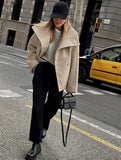 Aurohaya Elegant Double Breasted Wool Coat with Lapel Collar & Pockets for Women Casual Fall/Winter Outerwear