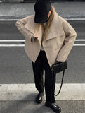 Aurohaya Elegant Double Breasted Wool Coat with Lapel Collar & Pockets for Women Casual Fall/Winter Outerwear