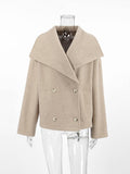Aurohaya Elegant Double Breasted Wool Coat with Lapel Collar & Pockets for Women Casual Fall/Winter Outerwear