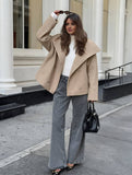 Aurohaya Elegant Double Breasted Wool Coat with Lapel Collar & Pockets for Women Casual Fall/Winter Outerwear