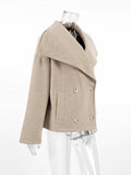 Aurohaya Elegant Double Breasted Wool Coat with Lapel Collar & Pockets for Women Casual Fall/Winter Outerwear