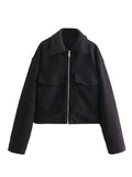 Aurohaya Elegant Colorblock Short Jacket with Zipper & Pockets for Women Casual Fall/Winter Outerwear