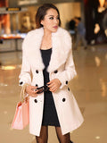 Aurohaya Elegant Double Breasted Wool Coat with Pockets, Bow Tie, and Belt for Women Long Sleeve Autumn/Winter Outerwear