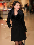 Aurohaya Elegant Double Breasted Wool Coat with Pockets, Bow Tie, and Belt for Women Long Sleeve Autumn/Winter Outerwear