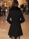 Aurohaya Elegant Double Breasted Wool Coat with Pockets, Bow Tie, and Belt for Women Long Sleeve Autumn/Winter Outerwear