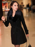 Aurohaya Elegant Double Breasted Wool Coat with Pockets, Bow Tie, and Belt for Women Long Sleeve Autumn/Winter Outerwear