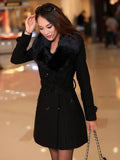 Aurohaya Elegant Double Breasted Wool Coat with Pockets, Bow Tie, and Belt for Women Long Sleeve Autumn/Winter Outerwear