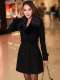 Aurohaya Elegant Double Breasted Wool Coat with Pockets, Bow Tie, and Belt for Women Long Sleeve Autumn/Winter Outerwear