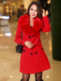 Aurohaya Elegant Double Breasted Wool Coat with Pockets, Bow Tie, and Belt for Women Long Sleeve Autumn/Winter Outerwear
