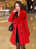 Aurohaya Elegant Double Breasted Wool Coat with Pockets, Bow Tie, and Belt for Women Long Sleeve Autumn/Winter Outerwear
