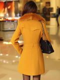Aurohaya Elegant Double Breasted Wool Coat with Pockets, Bow Tie, and Belt for Women Long Sleeve Autumn/Winter Outerwear