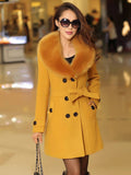 Aurohaya Elegant Double Breasted Wool Coat with Pockets, Bow Tie, and Belt for Women Long Sleeve Autumn/Winter Outerwear