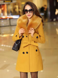 Aurohaya Elegant Double Breasted Wool Coat with Pockets, Bow Tie, and Belt for Women Long Sleeve Autumn/Winter Outerwear