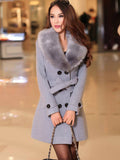 Aurohaya Elegant Double Breasted Wool Coat with Pockets, Bow Tie, and Belt for Women Long Sleeve Autumn/Winter Outerwear