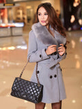 Aurohaya Elegant Double Breasted Wool Coat with Pockets, Bow Tie, and Belt for Women Long Sleeve Autumn/Winter Outerwear
