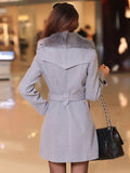 Aurohaya Elegant Double Breasted Wool Coat with Pockets, Bow Tie, and Belt for Women Long Sleeve Autumn/Winter Outerwear