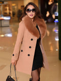 Aurohaya Elegant Double Breasted Wool Coat with Pockets, Bow Tie, and Belt for Women Long Sleeve Autumn/Winter Outerwear