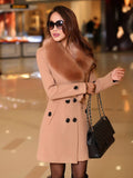 Aurohaya Elegant Double Breasted Wool Coat with Pockets, Bow Tie, and Belt for Women Long Sleeve Autumn/Winter Outerwear