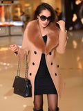 Aurohaya Elegant Double Breasted Wool Coat with Pockets, Bow Tie, and Belt for Women Long Sleeve Autumn/Winter Outerwear