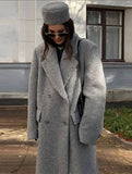Elegant Double Breasted Wool Coat with Pockets, Lapel Collar & Long Sleeves for Women Oversized Casual Outerwear