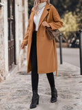 Aurohaya Elegant Double Breasted Wool Coat with Pockets, Belt & Lapel Collar for Women Casual Fall/Winter Midi Coat