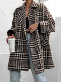 Aurohaya Houndstooth Mid-Length Coat Double-Breasted Women’s Wool-Look Jacket