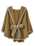 Aurohaya Women’s Short Wool Blend Poncho Coat with Hood & Bow Oversized Batwing Sleeve Winter Outerwear