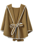 Aurohaya Women’s Short Wool Blend Poncho Coat with Hood & Bow Oversized Batwing Sleeve Winter Outerwear