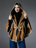 Aurohaya Women’s Short Wool Blend Poncho Coat with Hood & Bow Oversized Batwing Sleeve Winter Outerwear