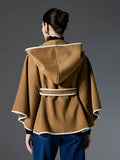 Aurohaya Women’s Short Wool Blend Poncho Coat with Hood & Bow Oversized Batwing Sleeve Winter Outerwear