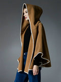 Aurohaya Women’s Short Wool Blend Poncho Coat with Hood & Bow Oversized Batwing Sleeve Winter Outerwear