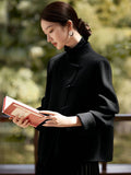 Aurohaya Women’s Short Wool Coat with Stand Collar Elegant Vintage Long Sleeve Outerwear