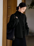 Aurohaya Women’s Short Wool Coat with Stand Collar Elegant Vintage Long Sleeve Outerwear