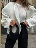 Aurohaya Women’s Short Wool Coat with Notched Collar Oversized Elegant Casual Spring Autumn Jacket