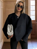 Aurohaya Women’s Short Wool Coat with Notched Collar Oversized Elegant Casual Spring Autumn Jacket