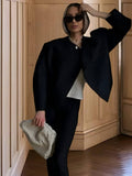 Aurohaya Women’s Short Wool Coat with Notched Collar Oversized Elegant Casual Spring Autumn Jacket