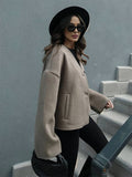 Aurohaya Women’s Short Wool V Neck Coat Oversized Elegant Casual Long Sleeve Jacket