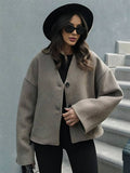 Aurohaya Women’s Short Wool V Neck Coat Oversized Elegant Casual Long Sleeve Jacket
